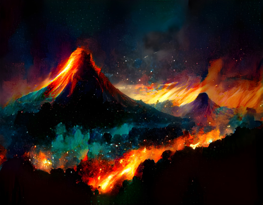 Volcano Erupting at Night
