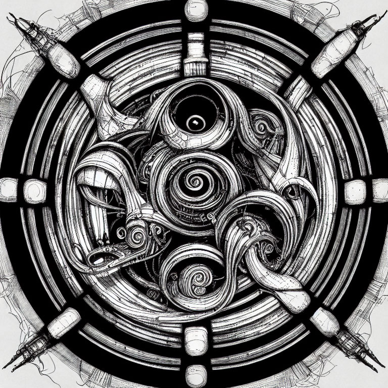 Detailed Black and White Abstract Drawing with Swirling Patterns and Concentric Circles