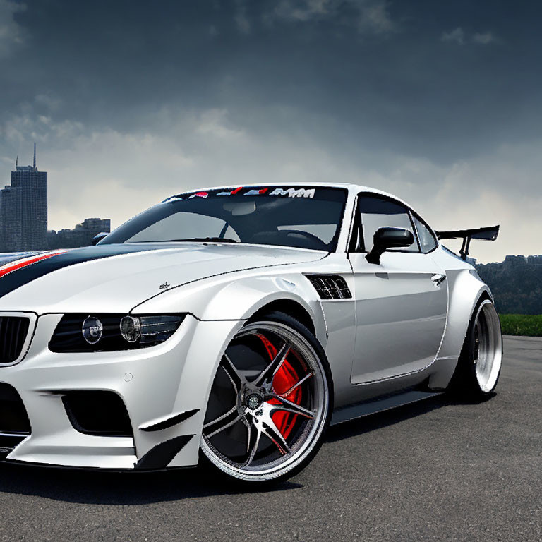 Modified White Sports Car with Red Accents and City Skyline Background