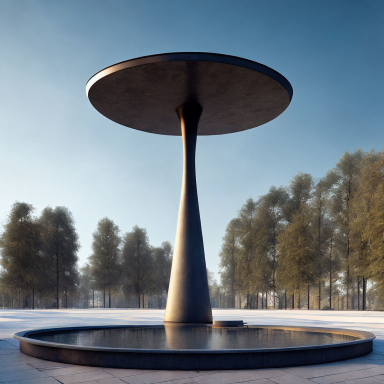Futuristic UFO-shaped structure on central pillar in nature landscape