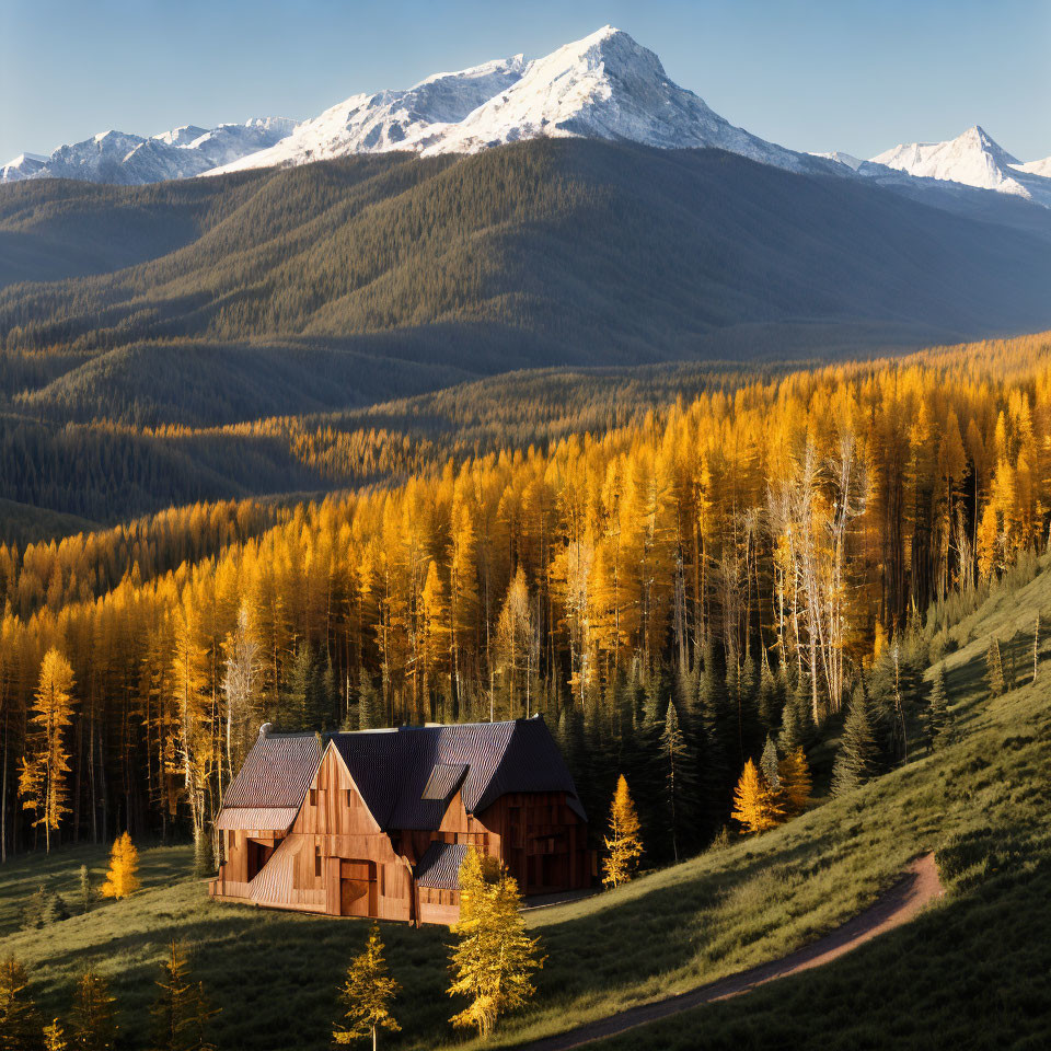 Autumn Cabin Surrounded by Aspen Trees and Snowy Mountains