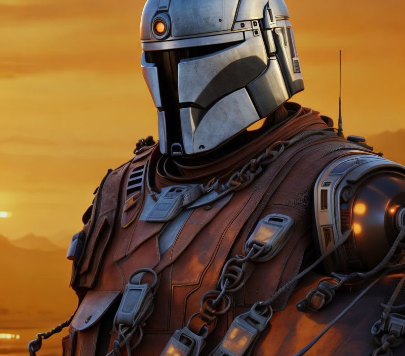 Armored character with metallic helmet and detailed suit against sunset backdrop