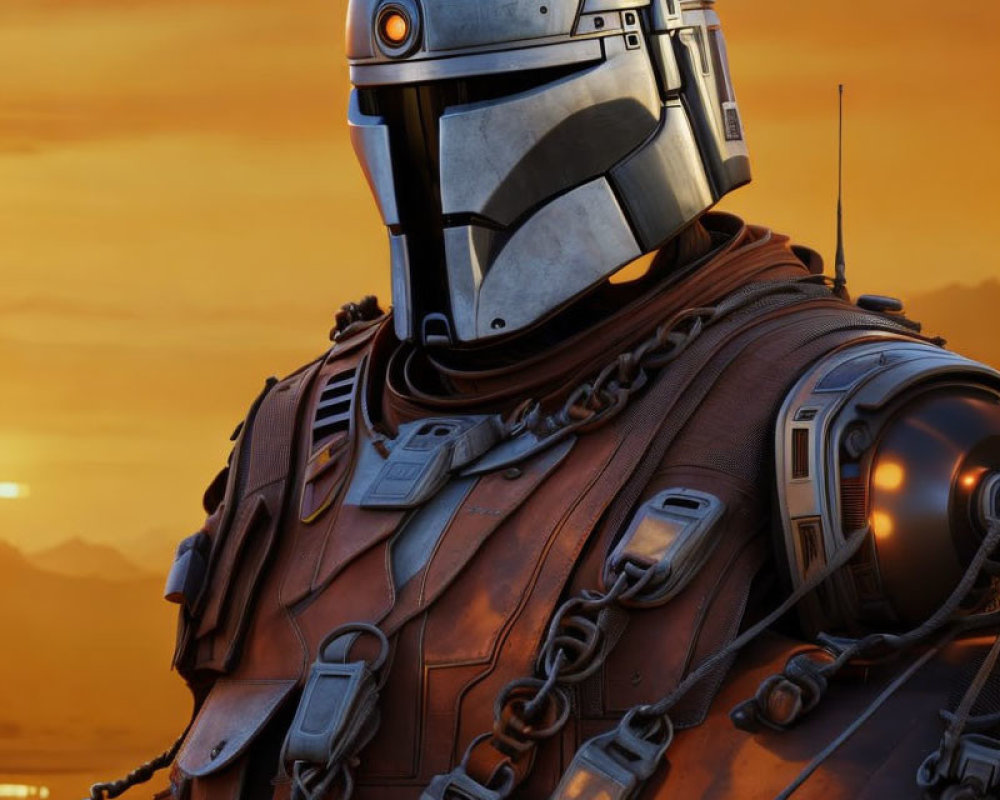 Armored character with metallic helmet and detailed suit against sunset backdrop