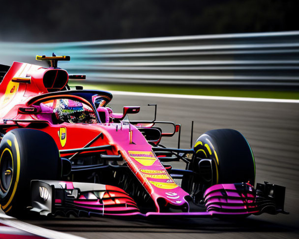 Vibrant pink and red modern Formula 1 car in dynamic motion on track
