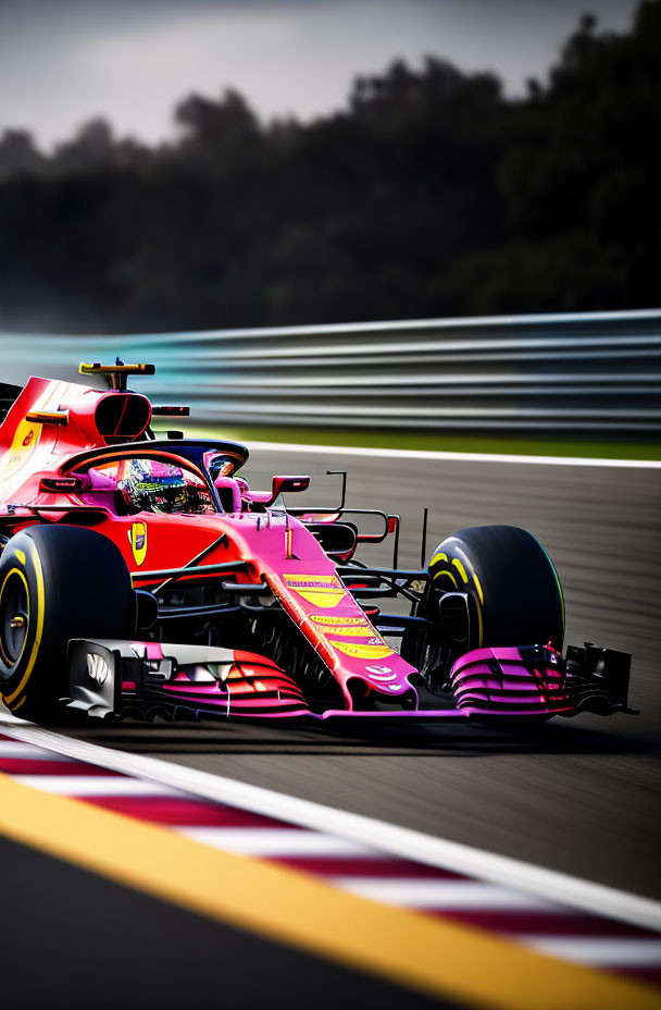 Vibrant pink and red modern Formula 1 car in dynamic motion on track
