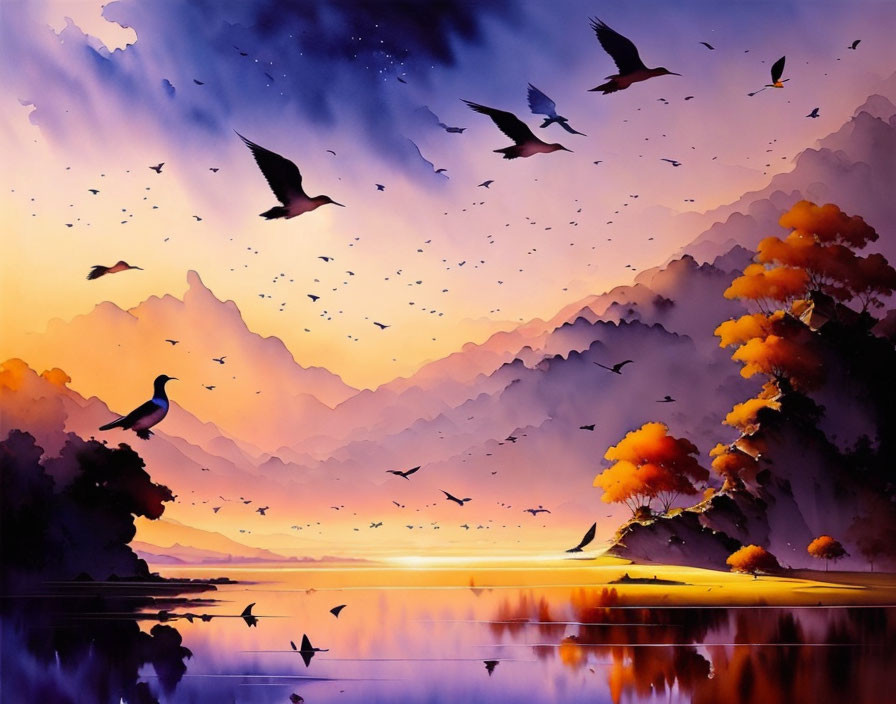Colorful digital artwork: Birds flying in purple dusk sky over mountains, orange foliage, and serene lake