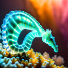 Translucent seahorse on coral in colorful underwater scene