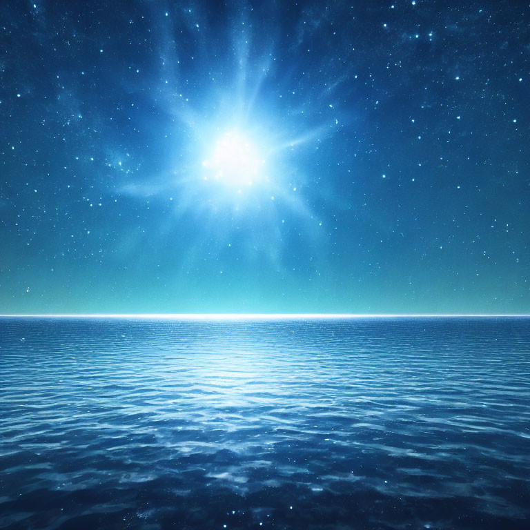 Starry sky over tranquil ocean with celestial reflection