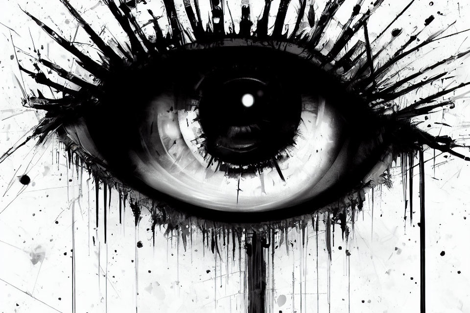 Monochrome eye art with bold lashes and splatter effect