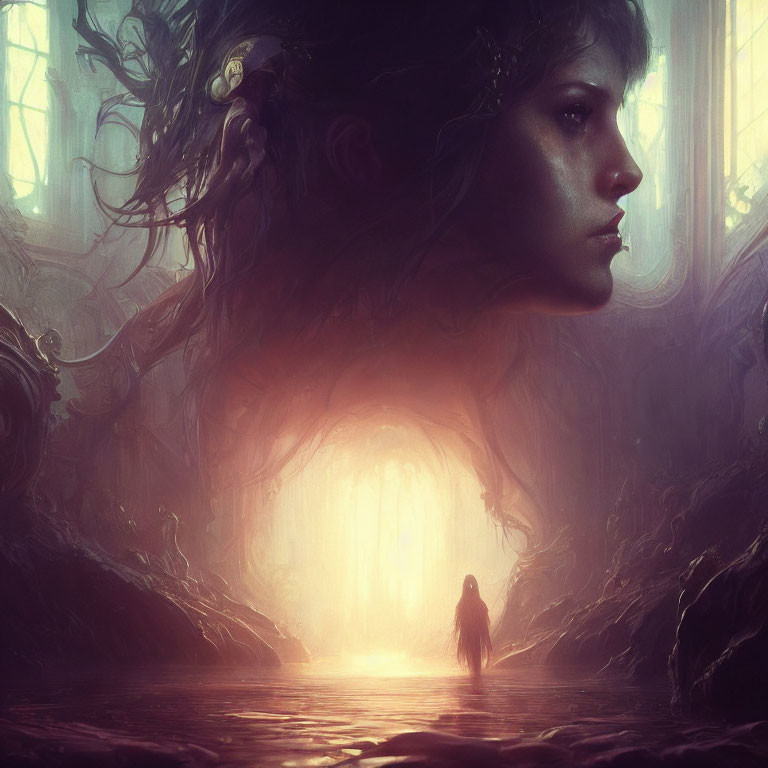 Mystical portrait of woman with ethereal hair and crown overlooking glowing cavern entrance
