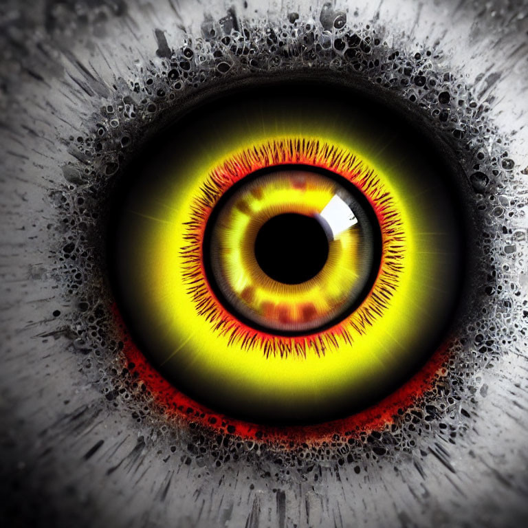 Detailed Close-Up of Vivid Yellow and Red Eye with Dilated Pupil