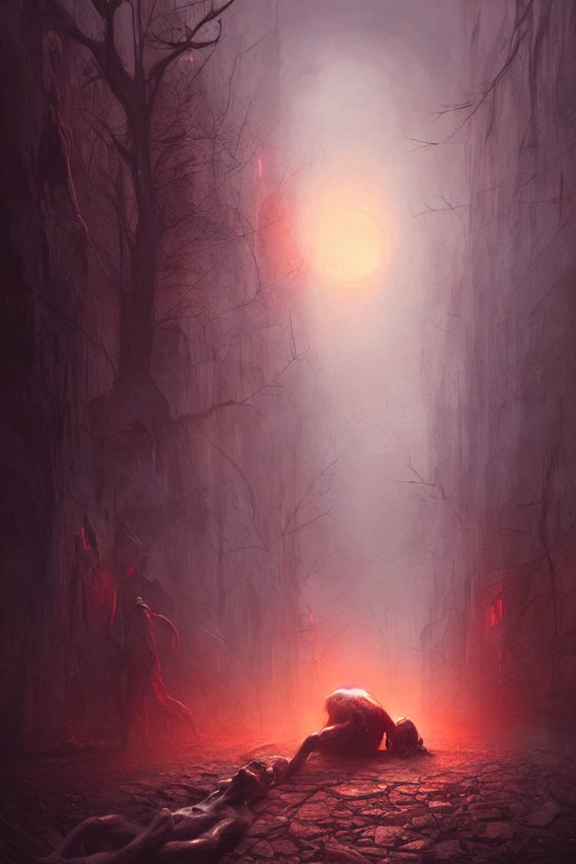 Misty path with red sun glow, figure on ground