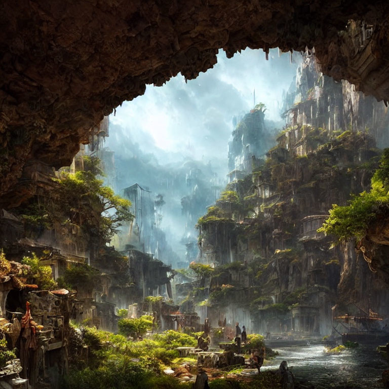 Ancient mystical city with overgrown ruins and waterways in cavernous view