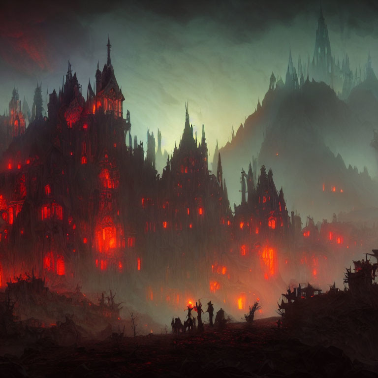 Eerie Dark Landscape with Towering Castles and Red Light