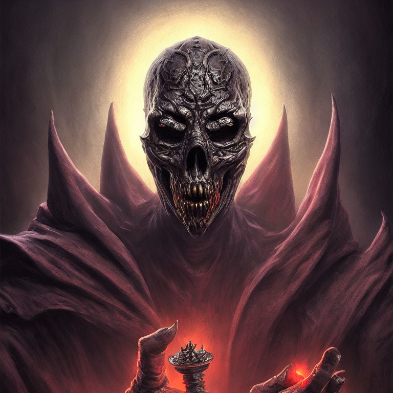 Sinister figure with skull-like face and glowing eyes gesturing by flame
