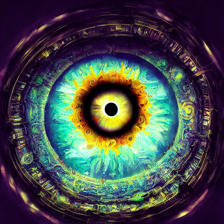 Colorful Eye Artwork with Intricate Patterns and Glowing Yellow Iris