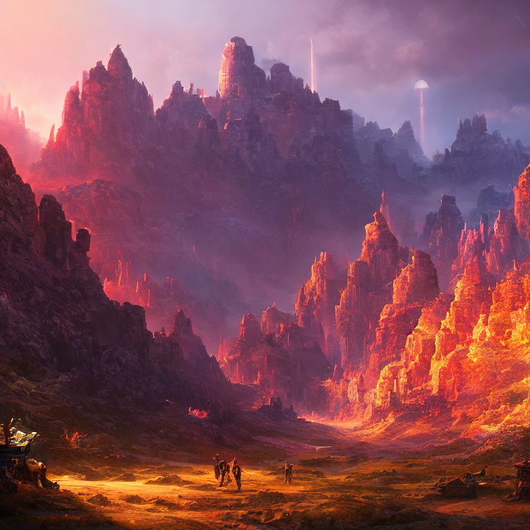 Majestic sunset landscape with towering rock formations and silhouetted figures