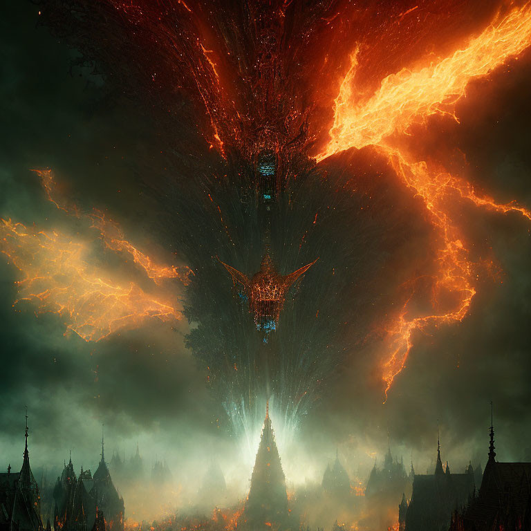 Fantasy Scene: Fiery Tower Over Gothic Cityscape