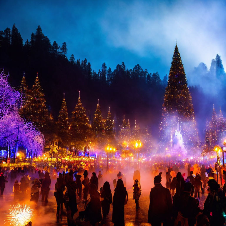 Festive outdoor night scene with illuminated Christmas trees and sparkling lights