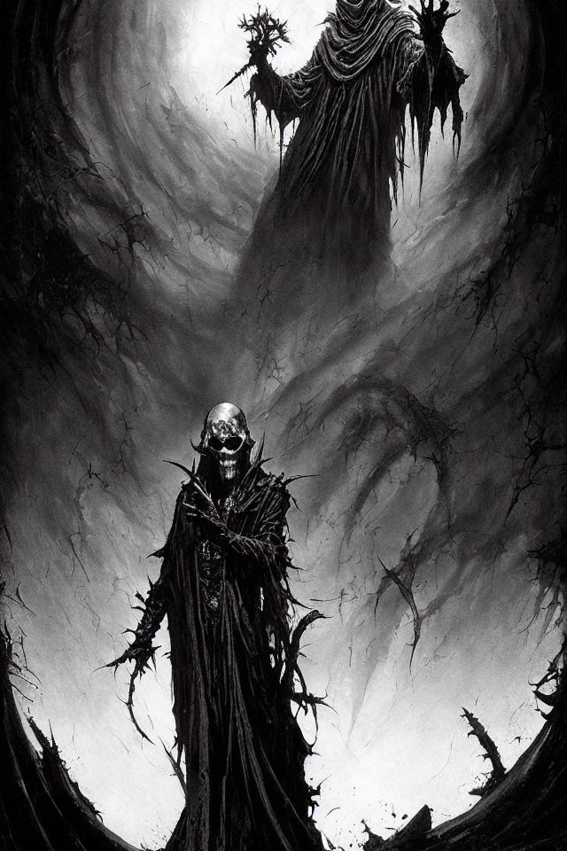 Dark Art: Skeletal Figure in Hooded Cloak with Ominous Backdrop