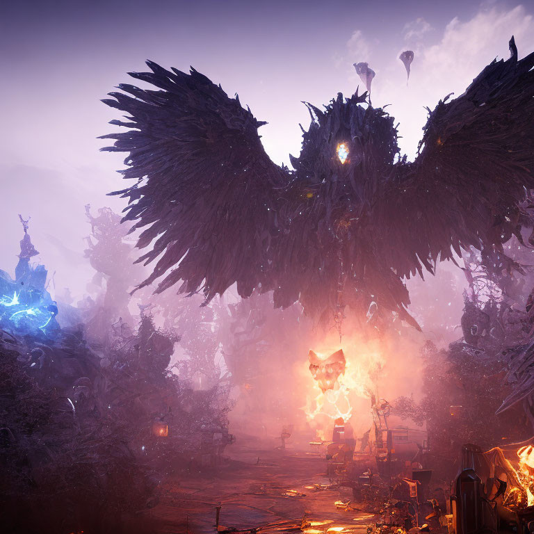 Giant black bird with glowing eyes over violet-hued fantasy village