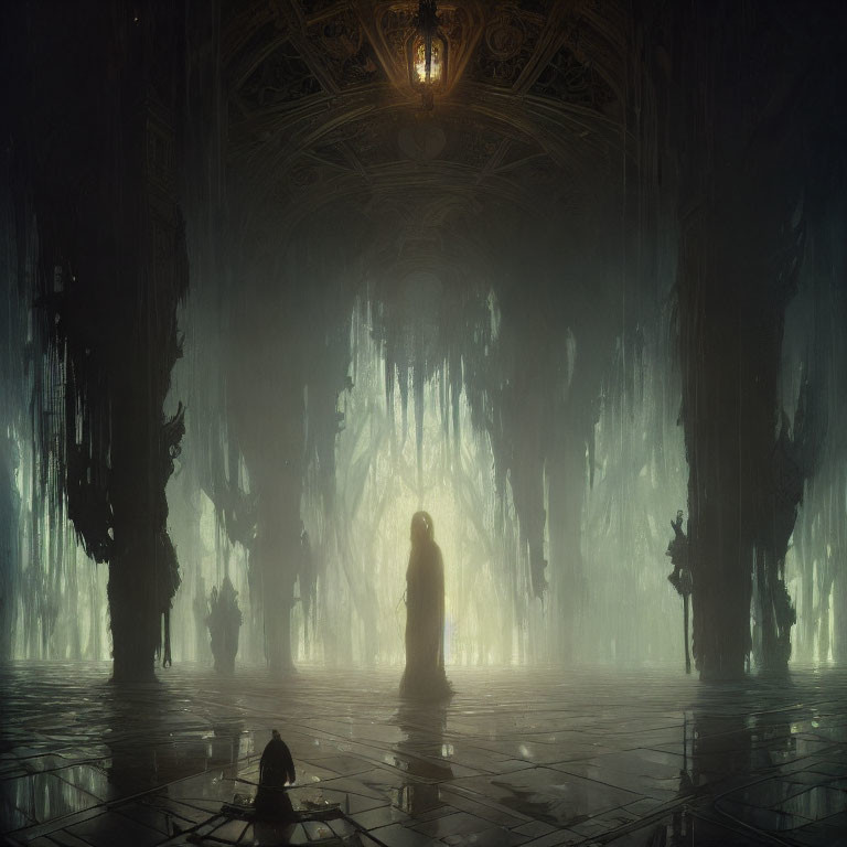 Mysterious Gothic hall with lone figure and towering columns
