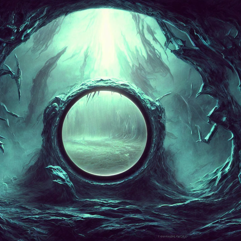 Circular portal to misty forest with twisted roots in surreal, greenish landscape