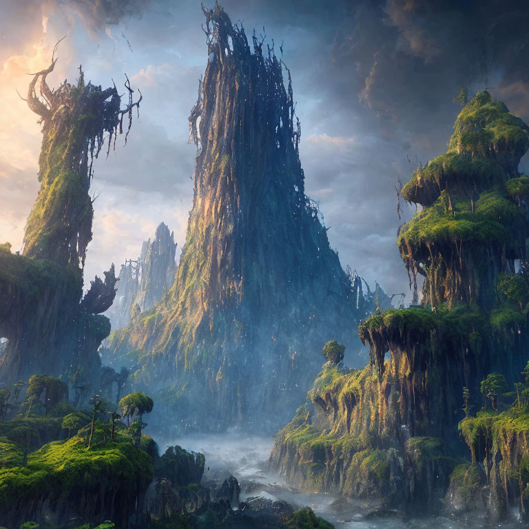 Mystical landscape with towering rock formations and foggy atmosphere.