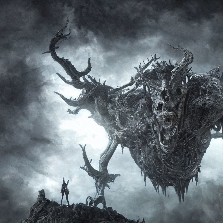 Gigantic skeletal beast with antler-like structures and lone figure in misty landscape