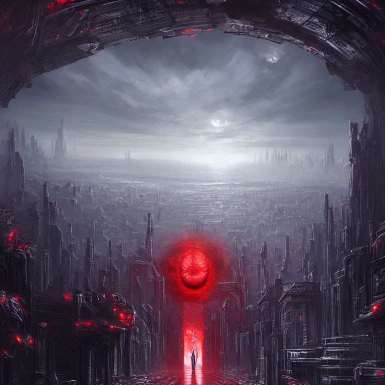 Dystopian cityscape with towering dark structures and red glowing eye