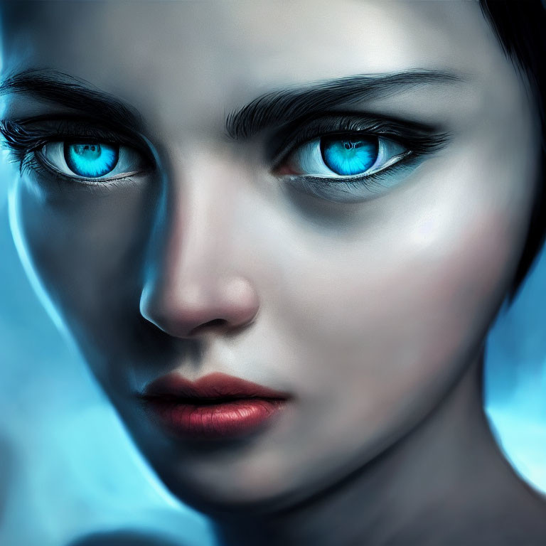 Intense blue-eyed person with high-contrast features in dramatic portrait