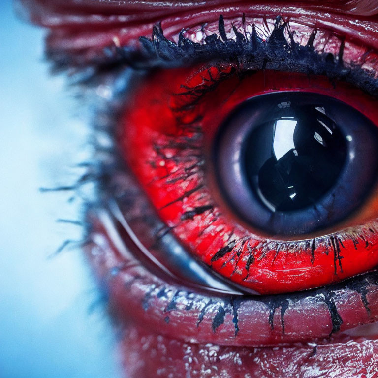 Detailed Human Eye with Red Makeup and Dilated Pupil
