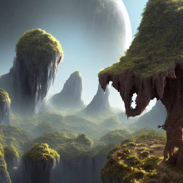 Fantastical landscape with floating islands and giant planet.