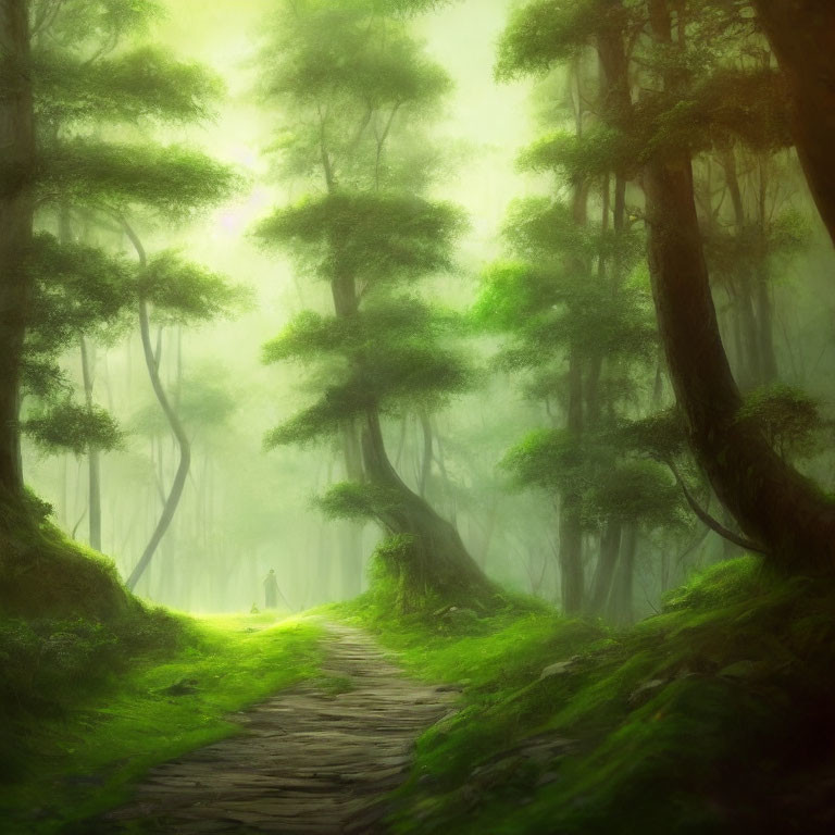 Mystical forest path with lush green trees and soft sunlight.