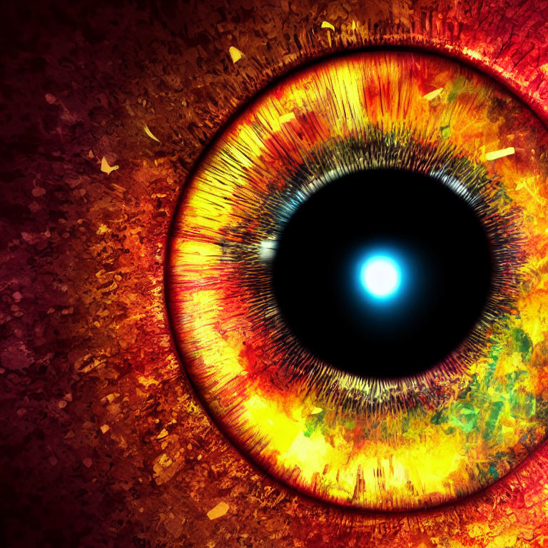 Detailed Eye Illustration with Fiery Colors and Blue Pupil