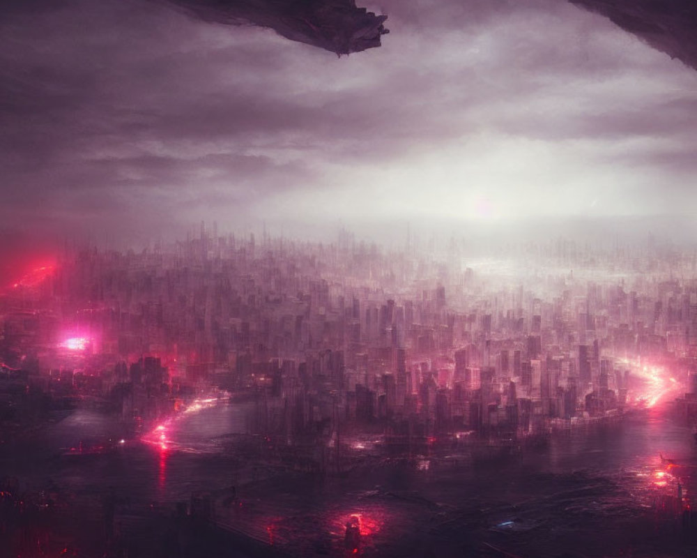 Dystopian cityscape in pink and purple hues with towering structures