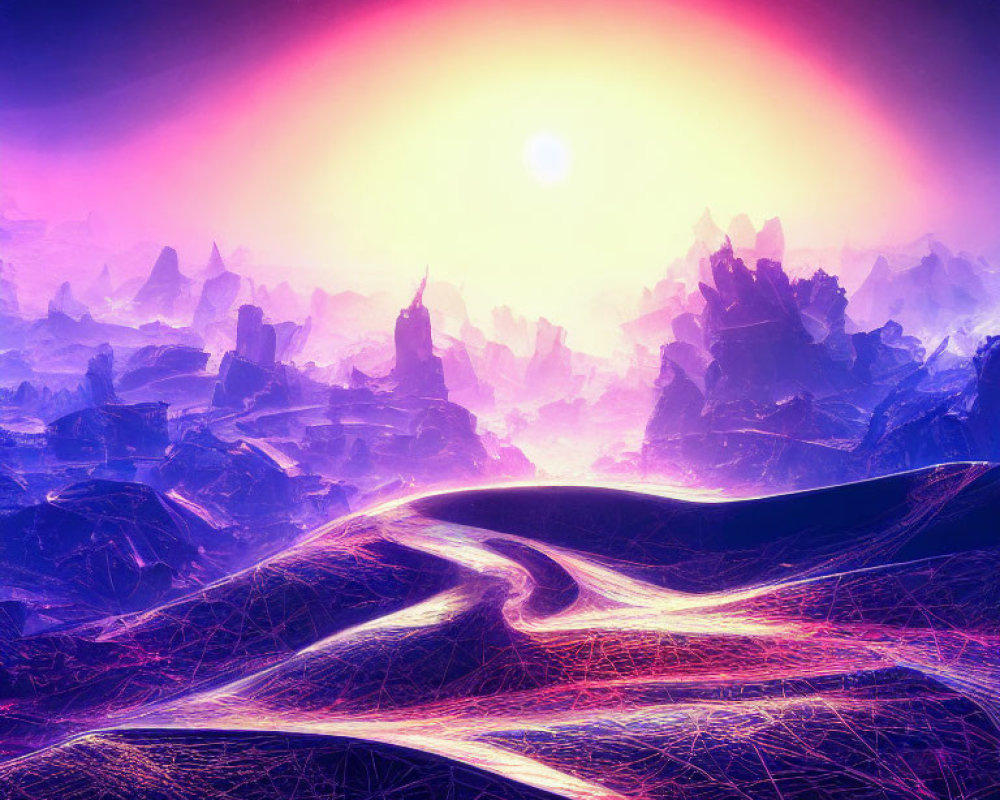 Colorful alien landscape: glowing neon lines, jagged rocks, pink & purple sunset