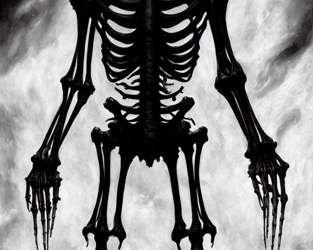 Monochrome image of menacing skeleton with oversized skull