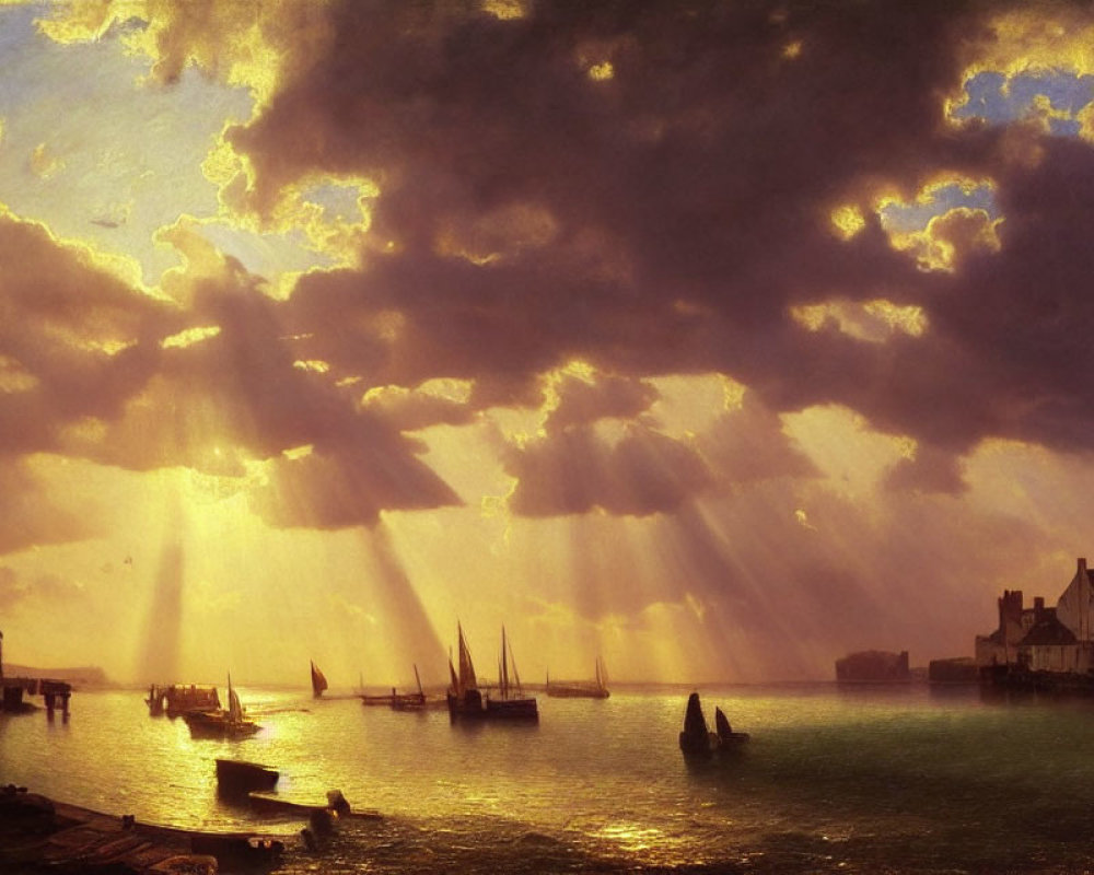 Tranquil harbor scene at sunrise or sunset with sunlight piercing through dramatic clouds.