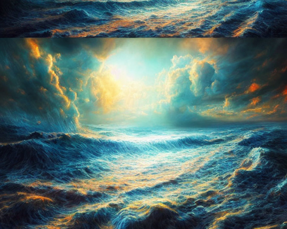 Dramatic Ocean Scene with Towering Waves and Vivid Sunset
