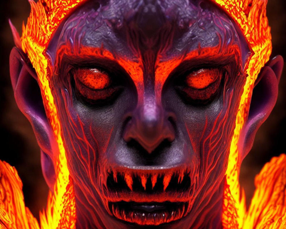 Fantasy creature with fiery skin and glowing orange eyes