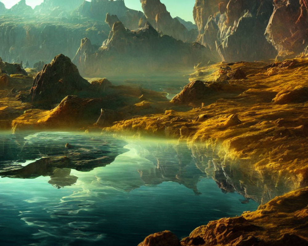 Tranquil lake mirroring rugged mountains and rock formations in serene landscape