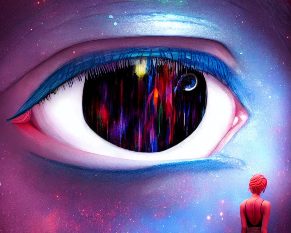 Vivid surreal artwork: giant cosmic eye, small figure, colorful backdrop