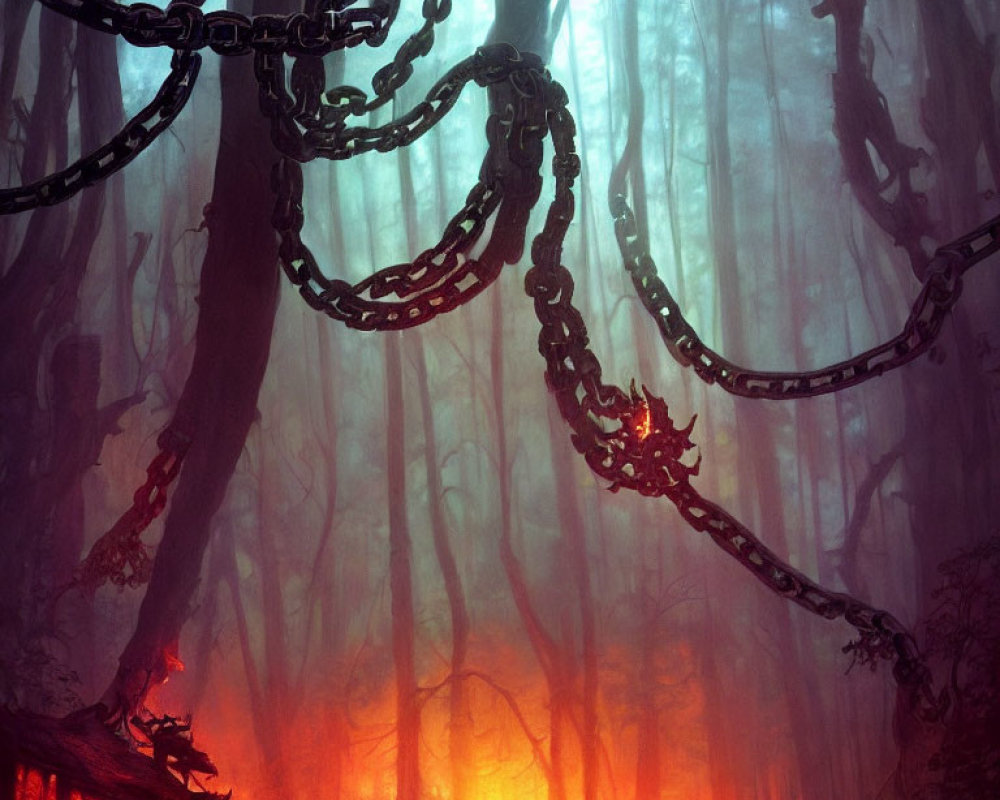 Eerie red glow in mystical forest with suspended chains and silhouettes.