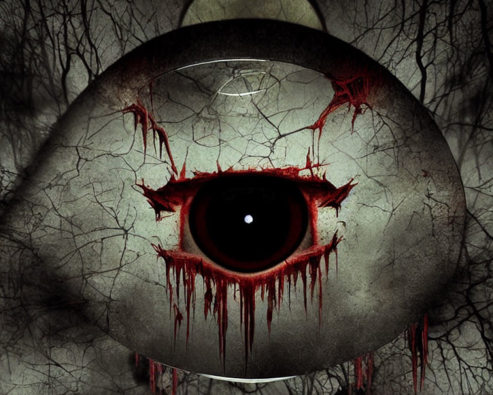 Dark pupil with red veins and blood against eerie trees