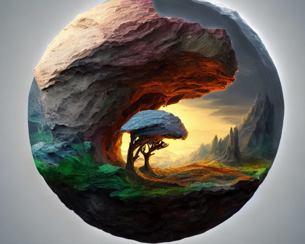 Spherical landscape with layered terrain and central tree under rock overhang