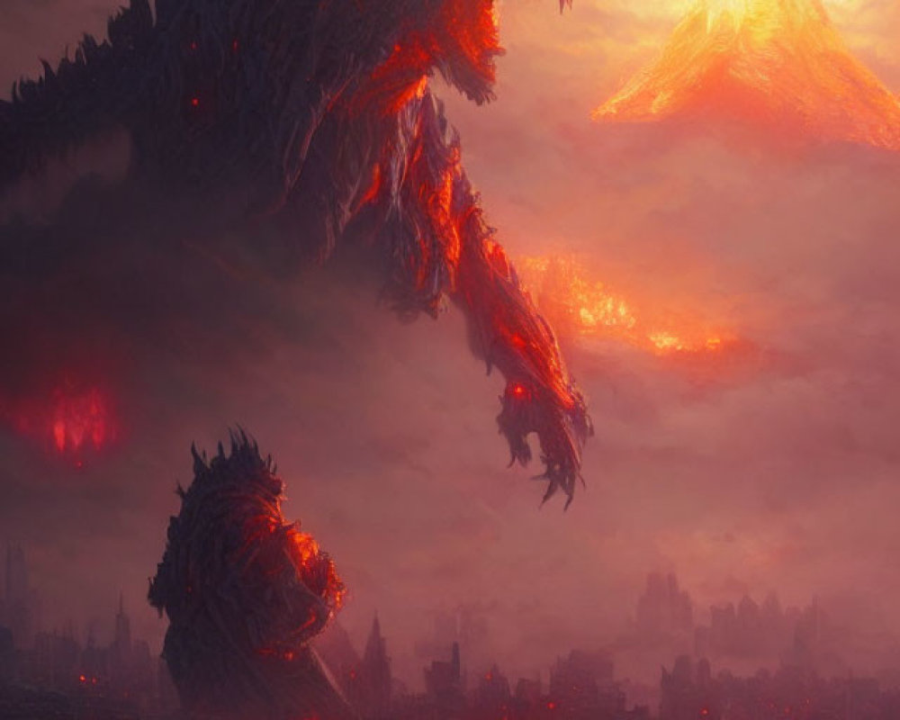 Enormous dragon over lava city with erupting volcano