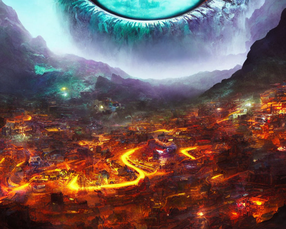 Gigantic eye overlooking fantasy city between dark cliffs