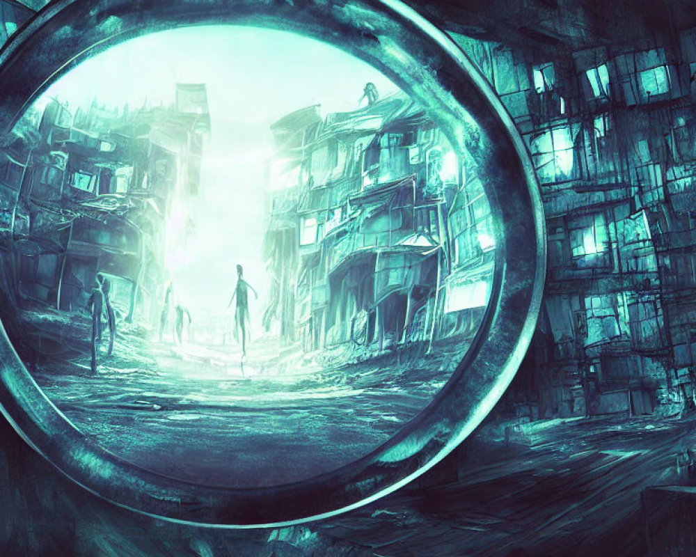 Circular futuristic portal reveals desolate cityscape with lone figure