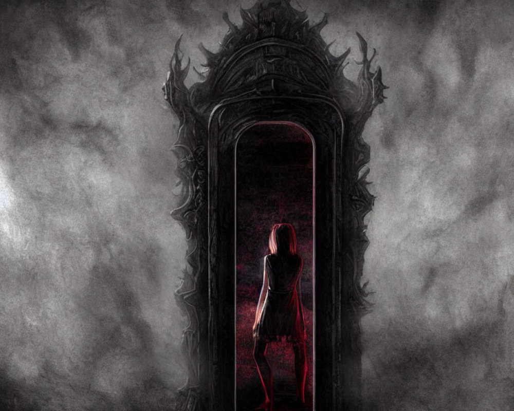 Silhouetted figure at ornate gothic doorway with red glow